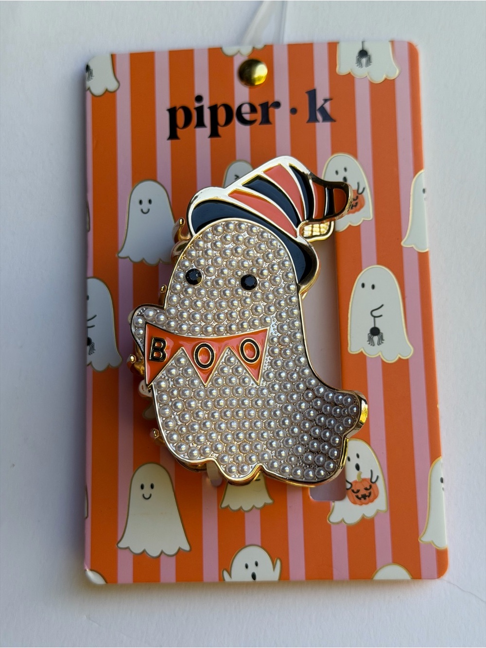 Piper·k Pearl Ghost Metal Hair Clip in Orange & Black BOO Halloween